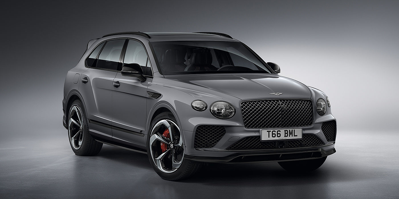 Bentley Taichung Bentley Bentayga S in Cambrian Grey paint front three - quarter view with dark chrome matrix grille and featuring elliptical LED matrix headlights. 