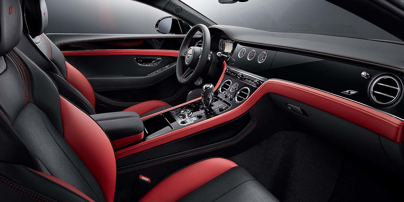 Bentley Taichung Bentley Continental GT S coupe front interior in Beluga black and Hotspur red hide with high gloss Carbon Fibre veneer
