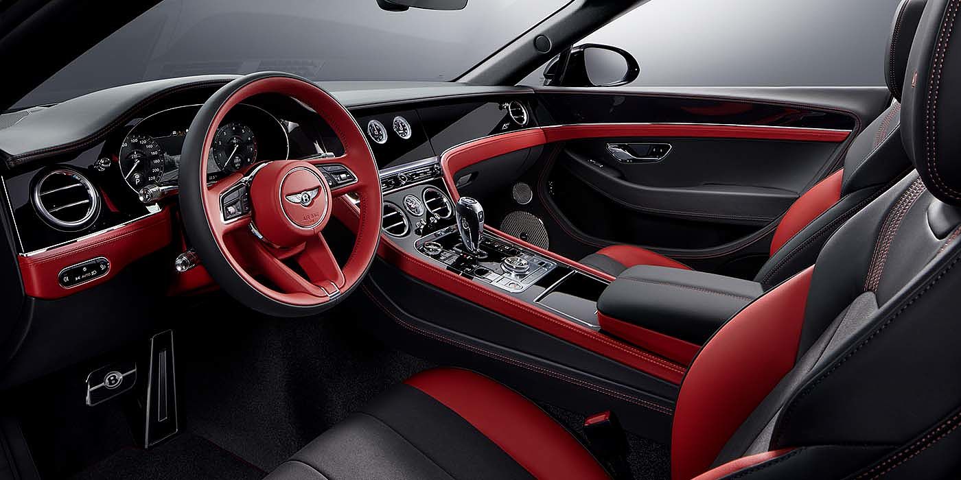 Bentley Taichung Bentley Continental GTC S convertible front interior in Beluga black and Hotspur red hide with high gloss carbon fibre veneer