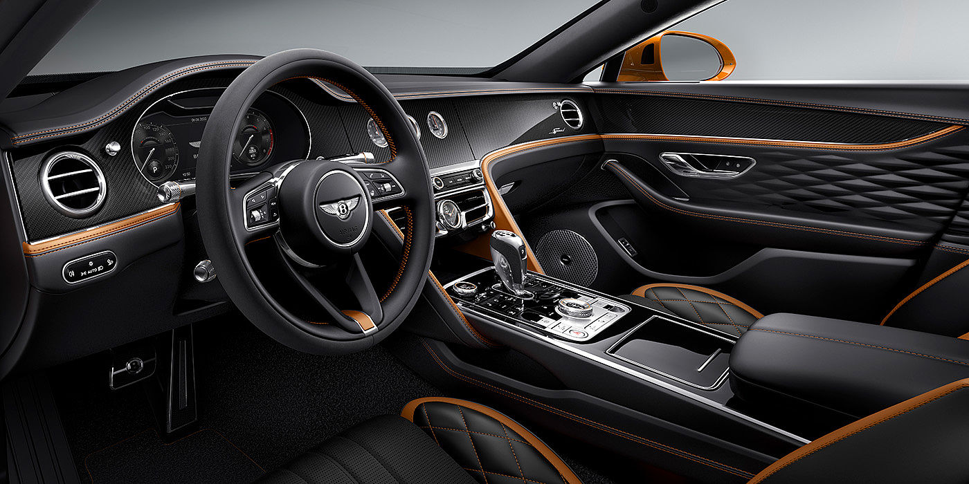 Bentley Taichung Bentley Flying Spur Speed driver's view - featuring Single Tone, 3 spoke steering wheel in High Gloss Carbon Fibre veneer.