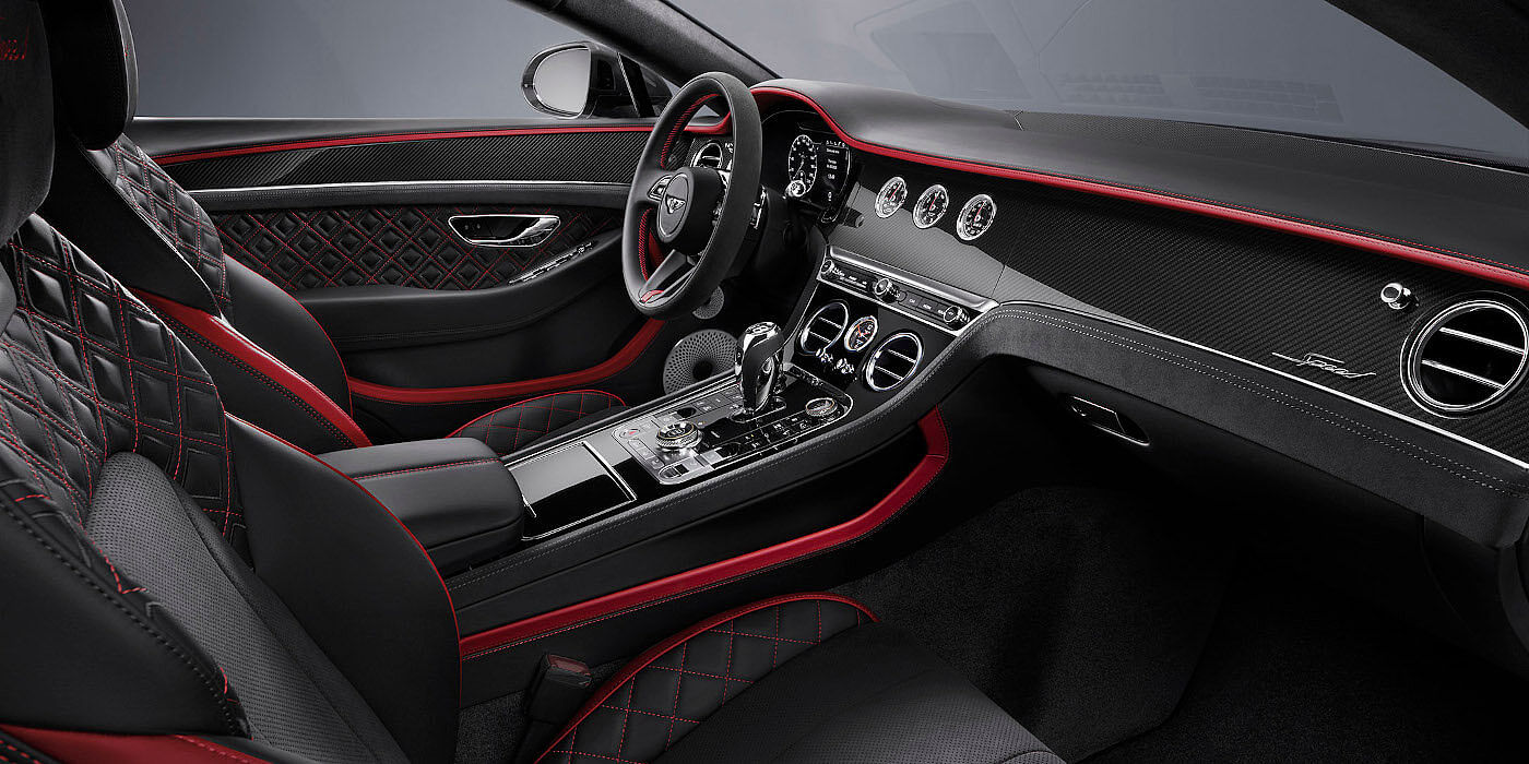Bentley Taichung Bentley Continental GT Speed coupe front interior in Beluga black and Hotspur red hide