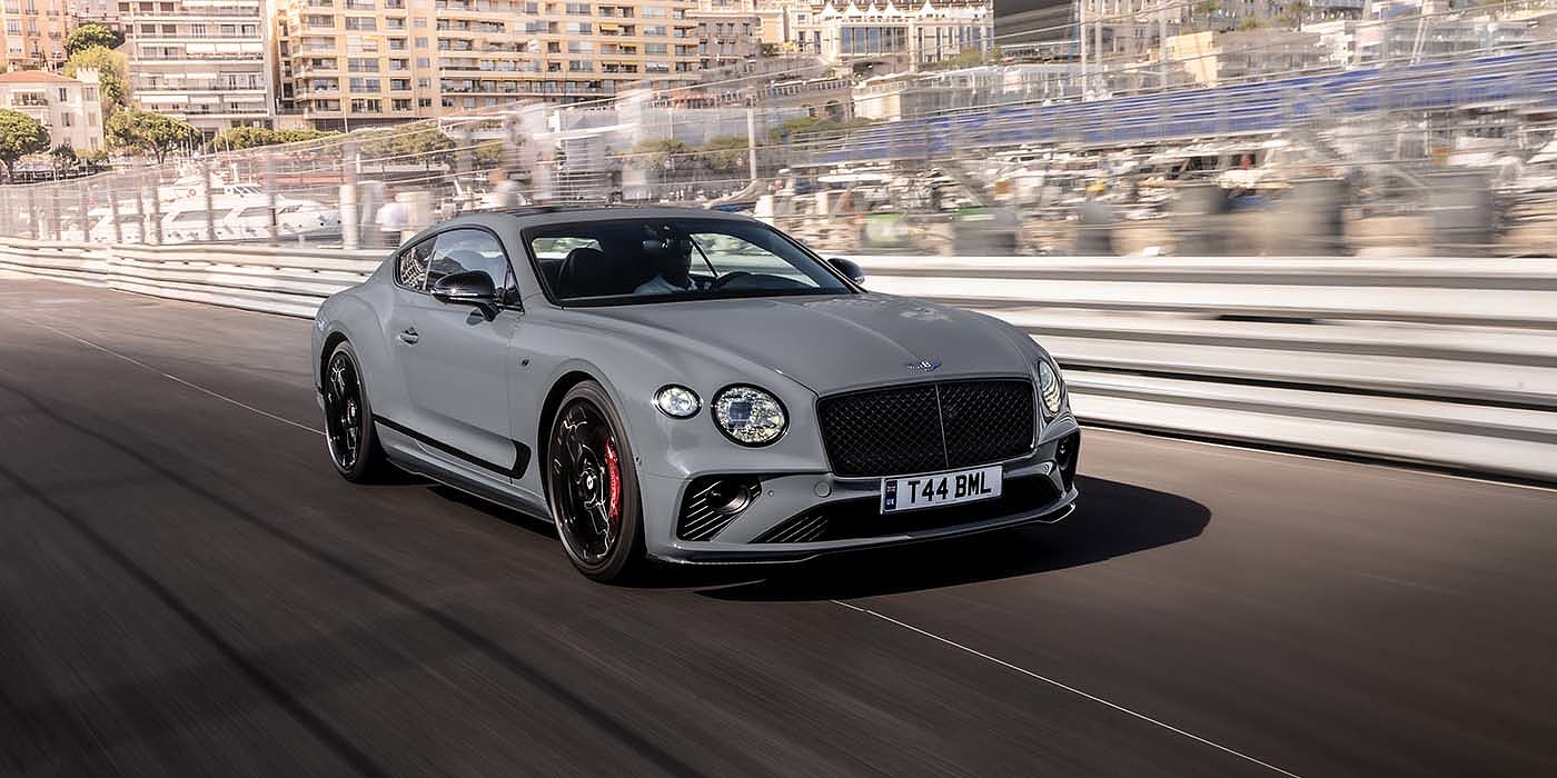 Bentley Taichung Bentley Continental GT S coupe in Cambrian Grey paint front 34 dynamic driving on track