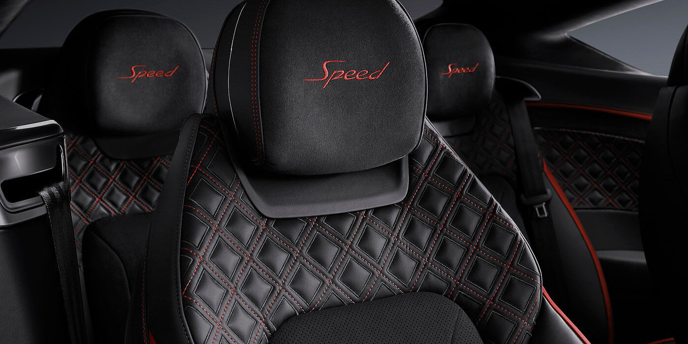 Bentley Taichung Bentley Continental GT Speed coupe seat close up in Beluga black and Hotspur red hide
