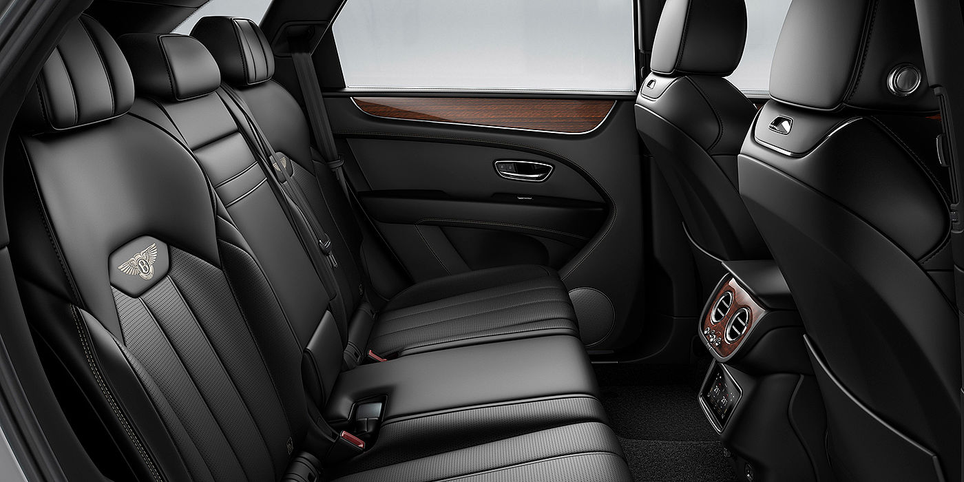 Bentley Taichung Bentey Bentayga interior view for rear passengers with Beluga black hide.