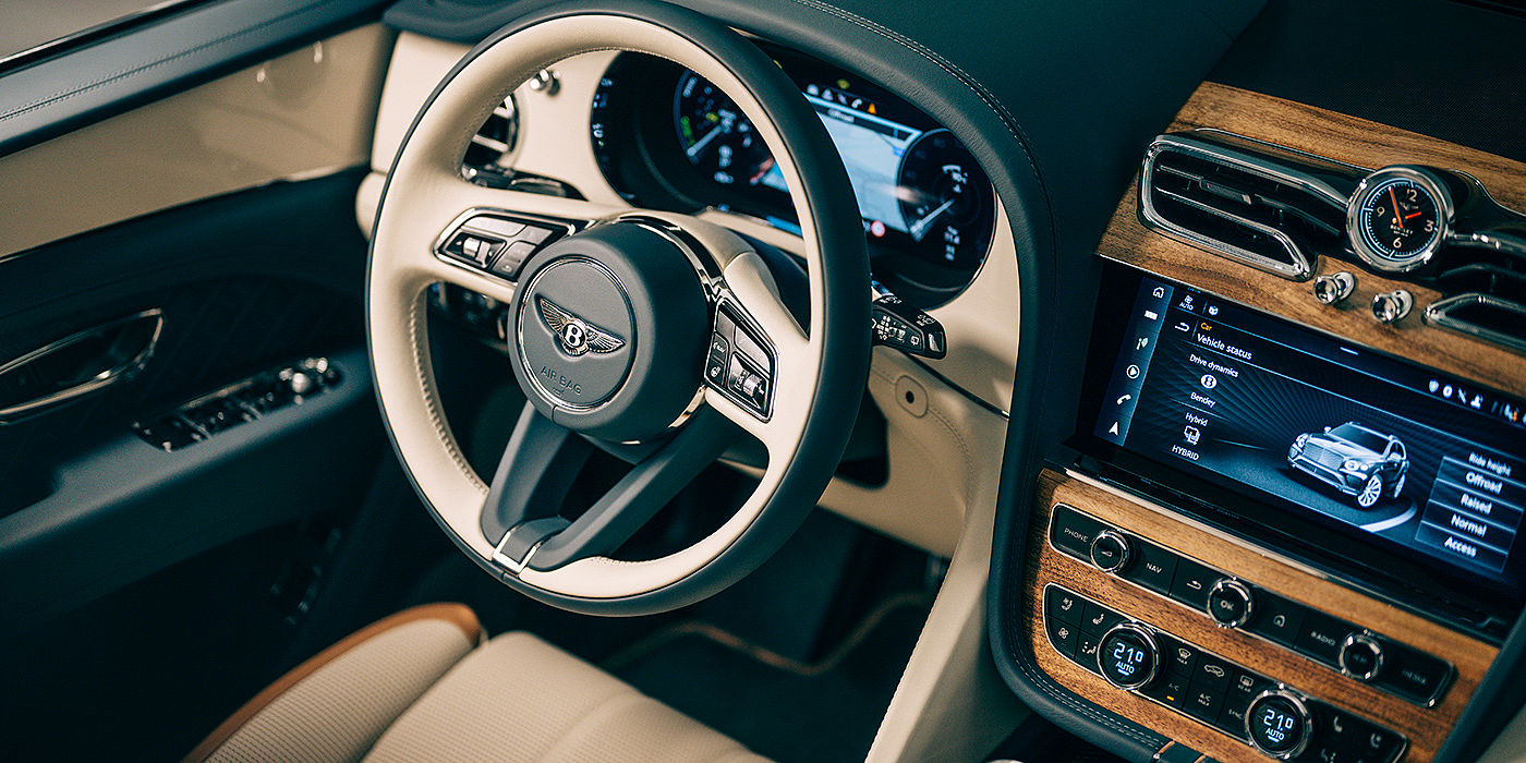 Bentley Taichung Bentley Bentayga Odyssean Edition SUV front interior steering wheel in Linen and Brunel hide