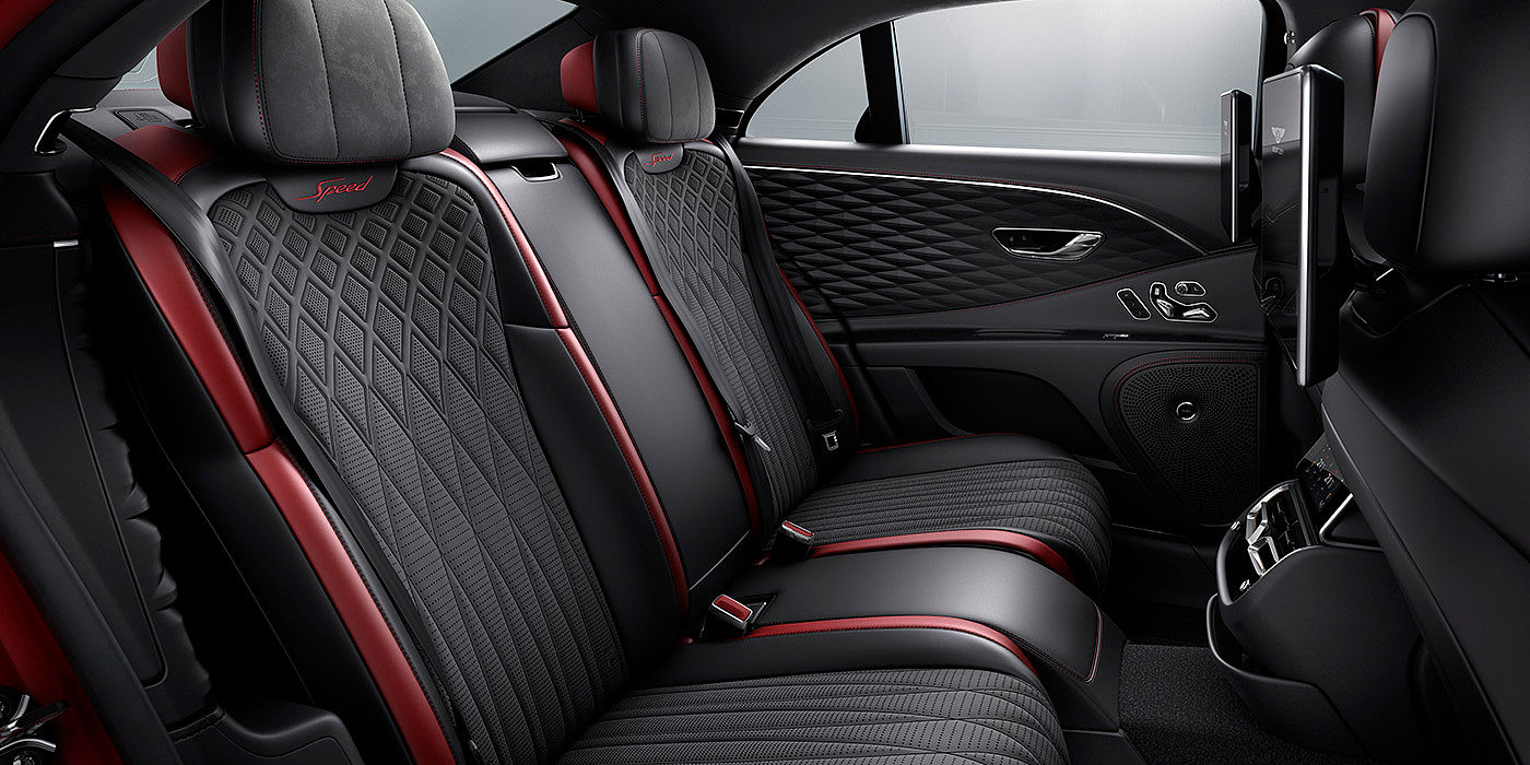 Bentley Taichung Bentley Flying Spur Speed sedan rear interior in Beluga black and Cricket Ball red hide
