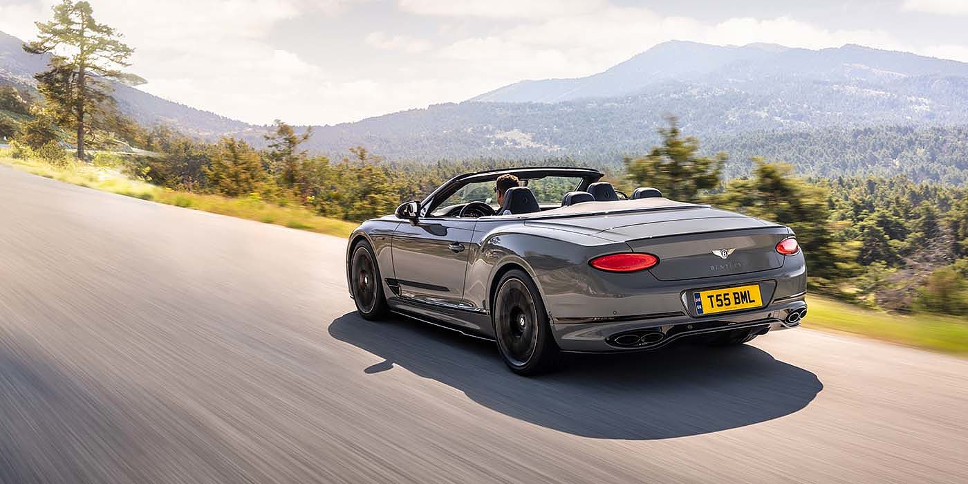 Bentley Taichung Bentley Continental GTC S convertible in Cambrian Grey paint rear 34 dynamic driving