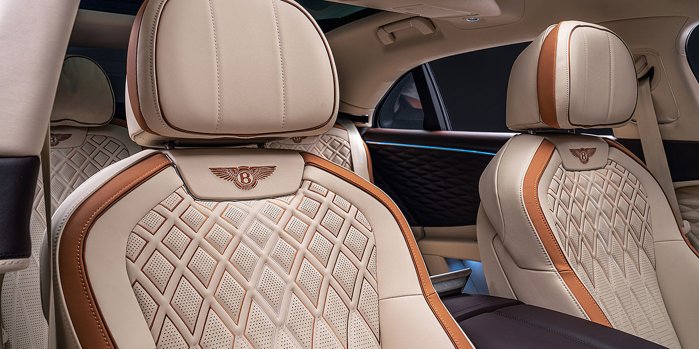 Bentley Taichung Bentley Flying Spur Odyssean sedan rear seat detail with Diamond quilting and Linen and Burnt Oak hides