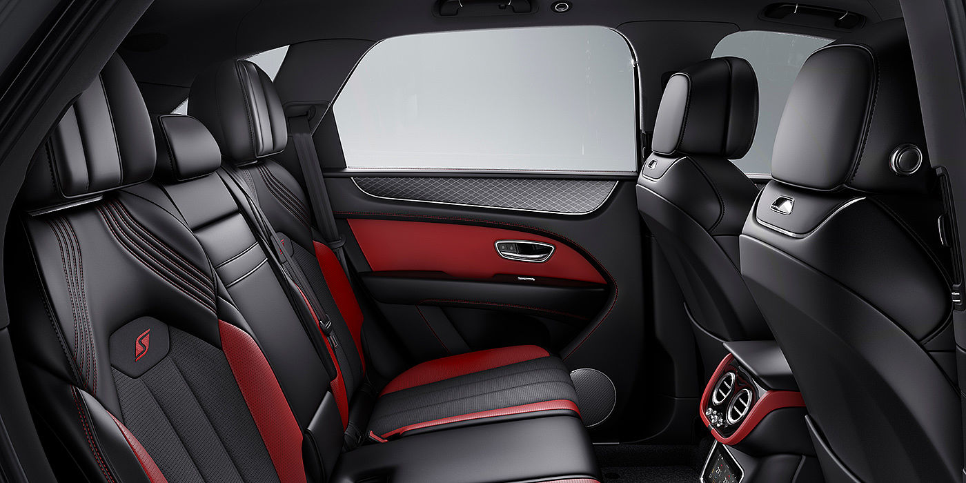 Bentley Taichung Bentey Bentayga S interior view for rear passengers with Beluga black and Hotspur red coloured hide.