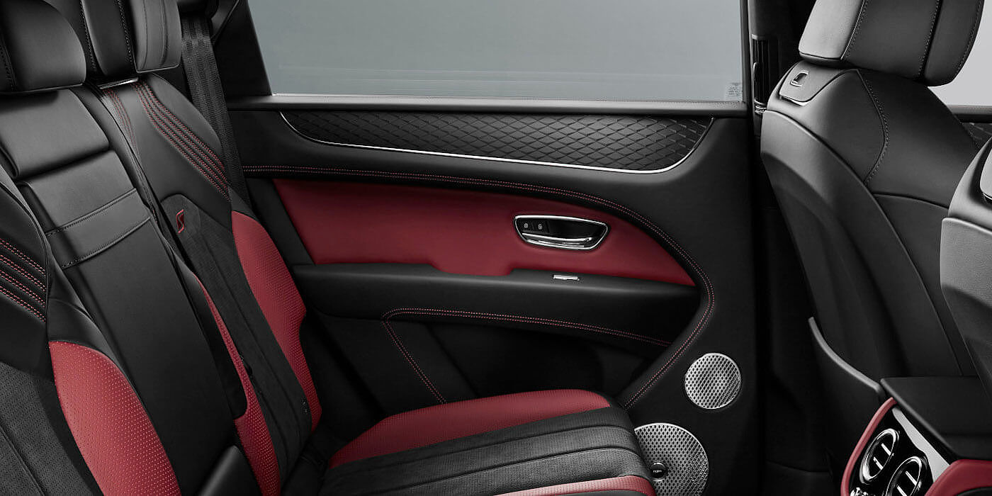 Bentley Taichung Bentley Bentayga S SUV rear interior in Beluga black and Hotspur red hide