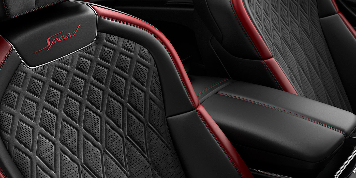 Bentley Taichung Bentley Flying Spur Speed sedan seat stitching detail in Beluga black and Cricket Ball red hide