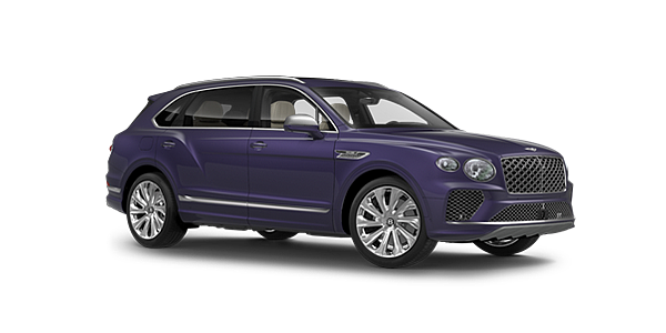 Bentley Extended Wheel Base Mulliner front three quarter in Tanzanite purple with a Mulliner double diamond grille in chrome brightware.