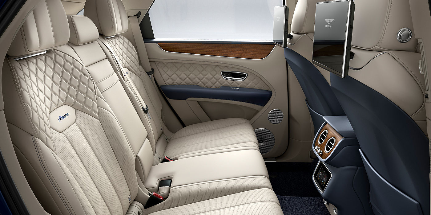 Bentley Taichung Bentley Bentayga Azure SUV rear interior in Imperial Blue and Linen hide