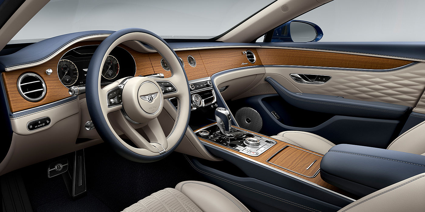 Bentley Taichung Bentley Flying Spur Azure sedan front interior in Imperial Blue and Linen hide