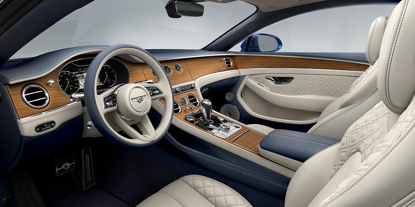 Bentley Taichung Bentley Continental GT Azure coupe front interior in Imperial Blue and linen hide