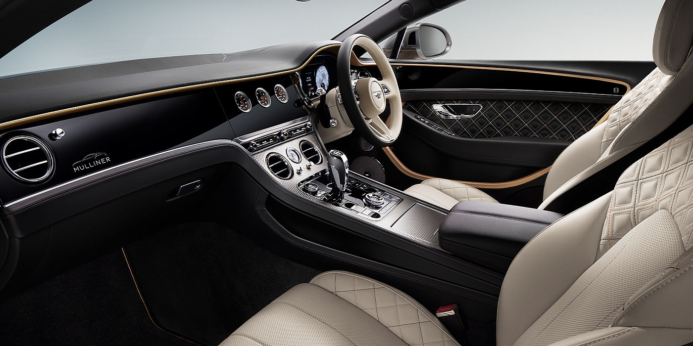 Bentley Taichung Bentley Continental GT Mulliner coupe front interior in Beluga black and Linen hide