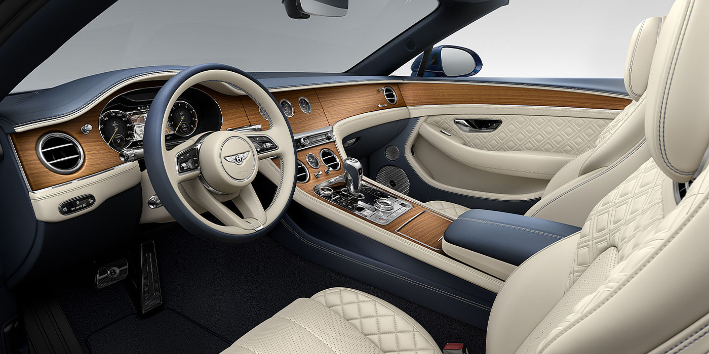 Bentley Taichung Bentley Continental GTC Azure convertible front interior in Imperial Blue and Linen hide