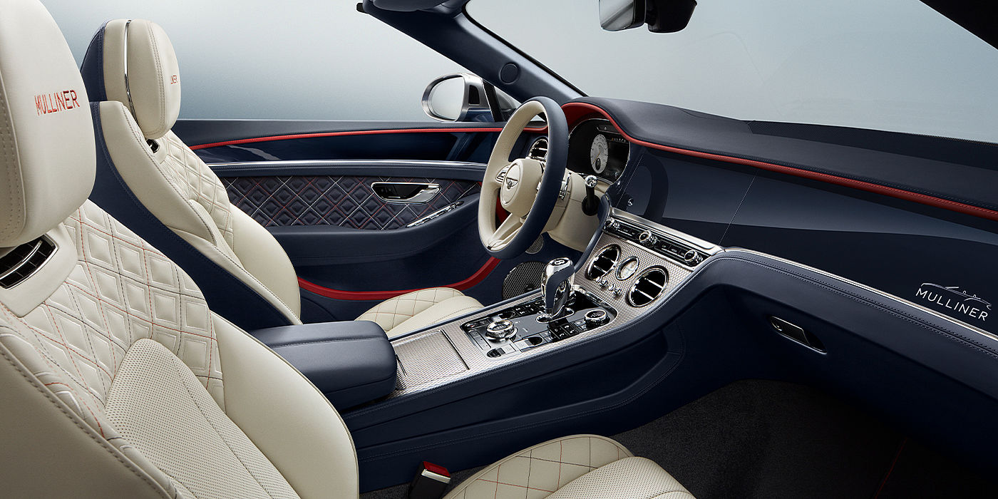 Bentley Taichung Bentley Continental GTC Mulliner convertible front interior in Imperial Blue and Linen hide